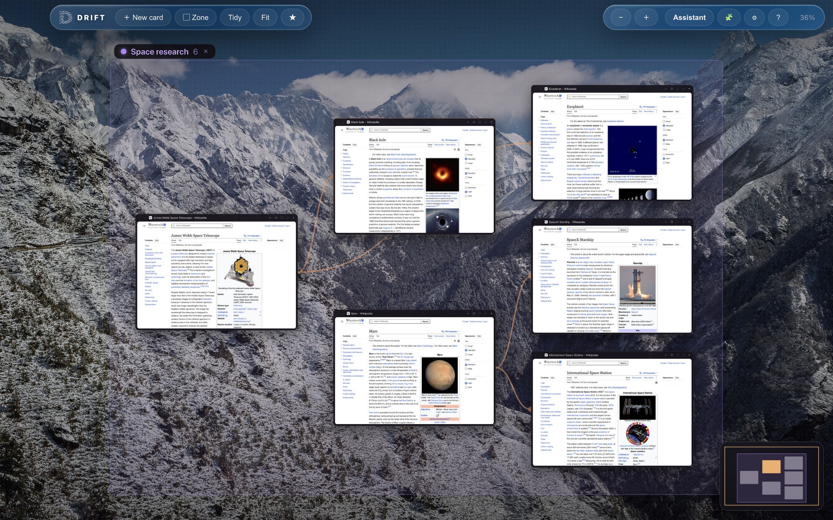 The Drift spatial browser showing a space research session: James Webb Space Telescope, Black hole, Mars, Exoplanet, SpaceX Starship and ISS pages laid out as connected cards on an infinite canvas