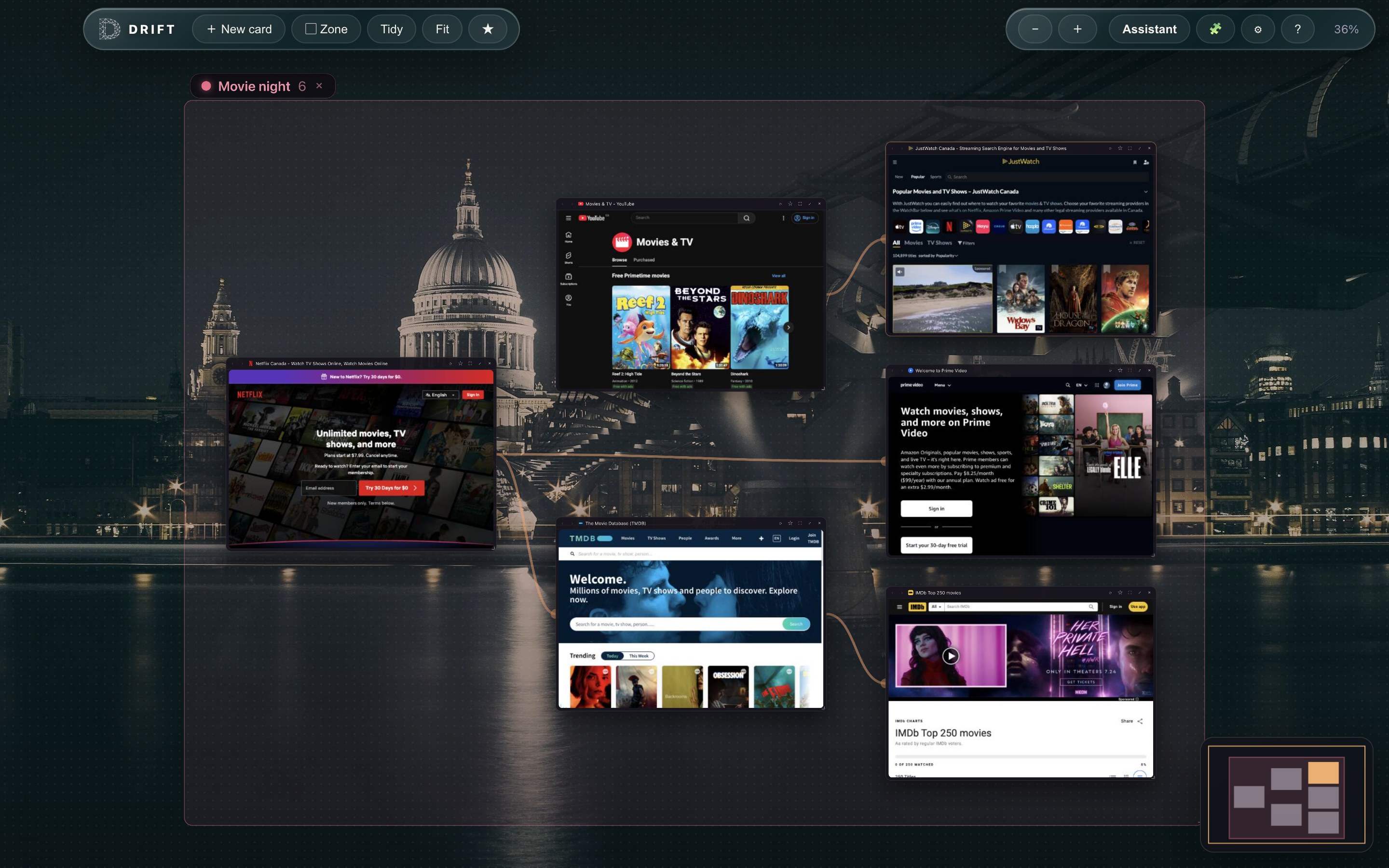 Drift, a browser without tabs, showing a movie night: Netflix, YouTube Movies, Prime Video, JustWatch, TMDB and IMDb laid out as connected cards on an infinite canvas