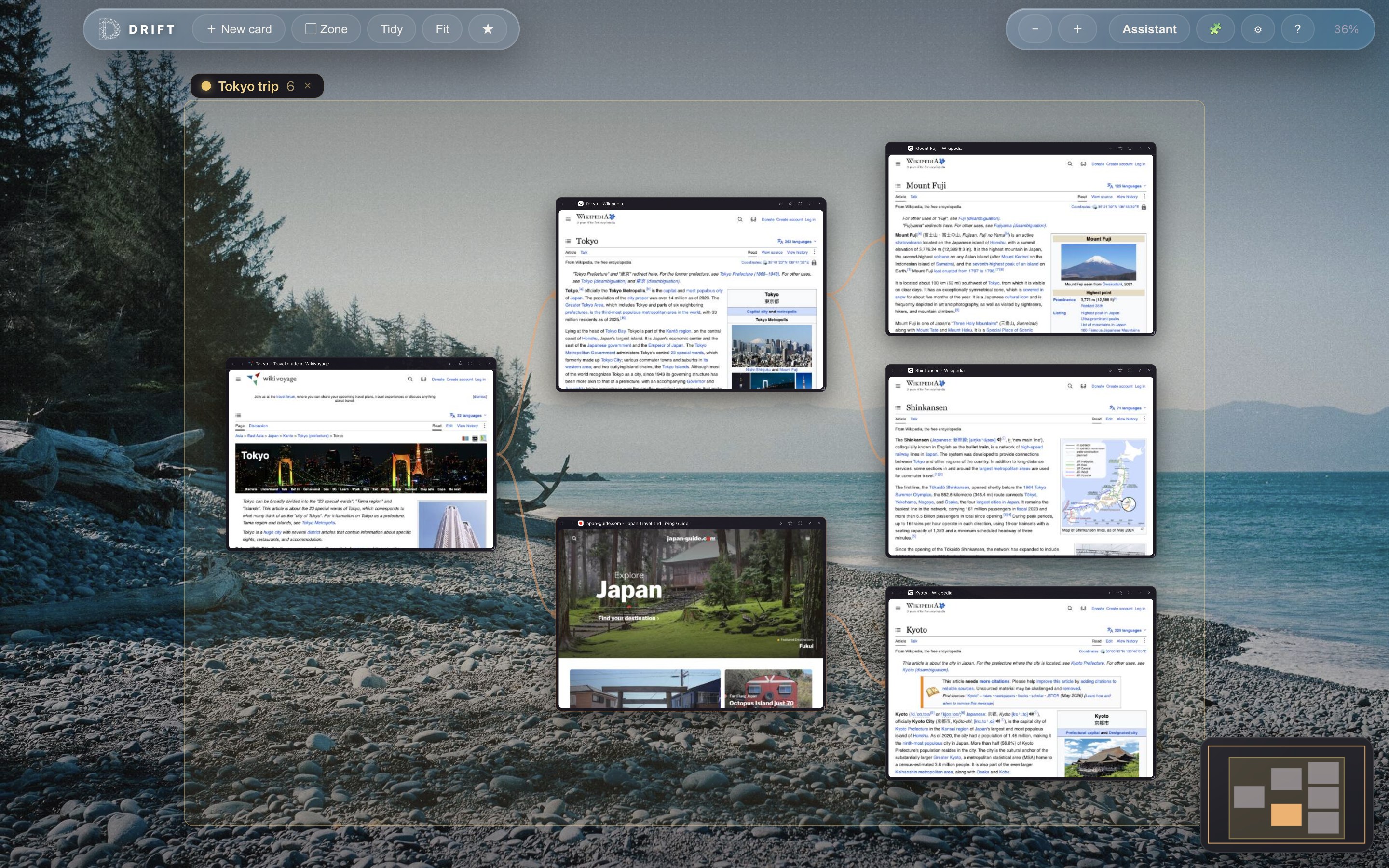 Drift's infinite canvas showing a Tokyo trip being planned: Wikivoyage and Wikipedia guides, Mount Fuji, the Shinkansen and Kyoto as live cards connected by trails