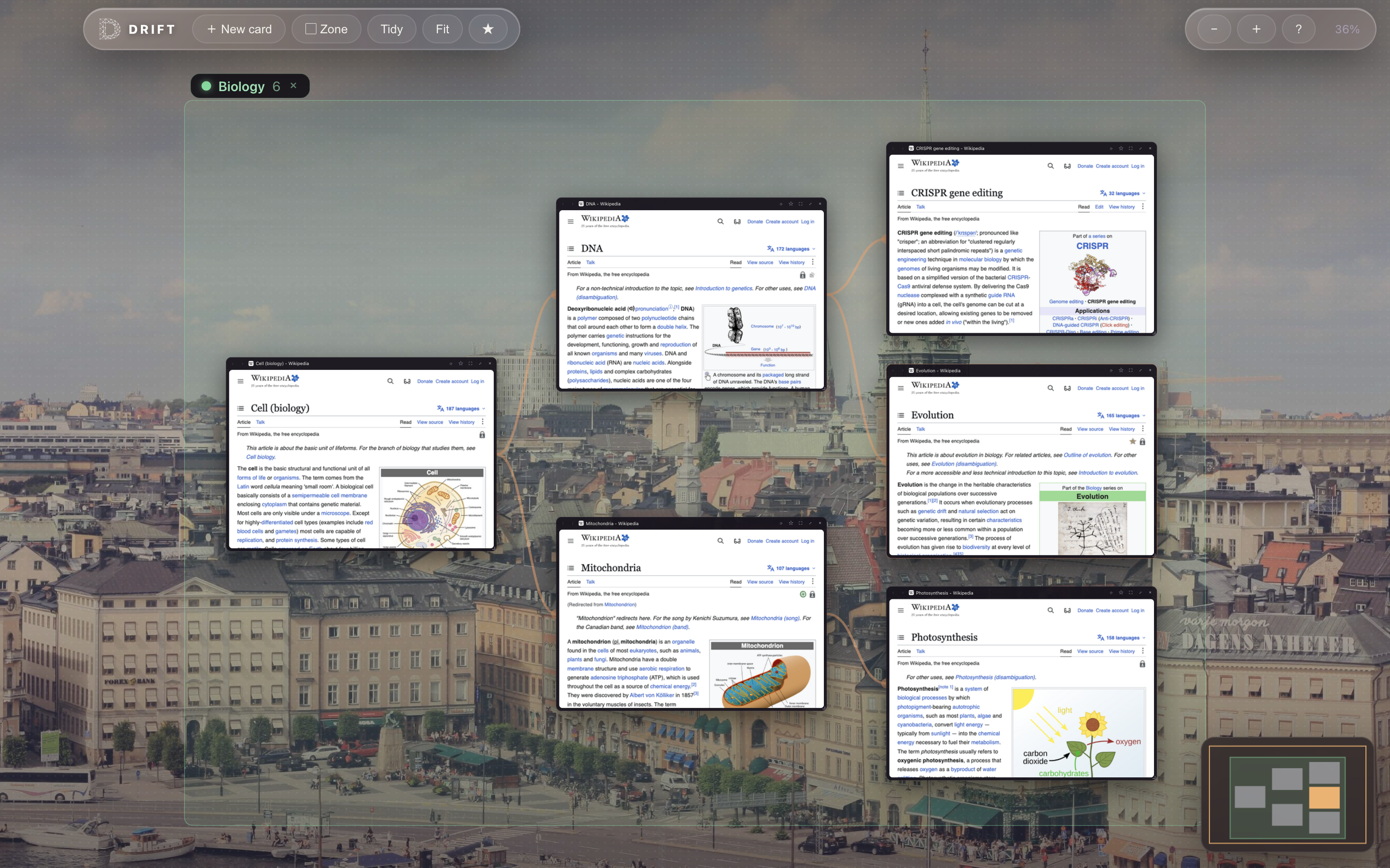 Drift showing a biology research trail: Cell, DNA, Mitochondria, CRISPR, Evolution and Photosynthesis pages connected as cards on an infinite canvas